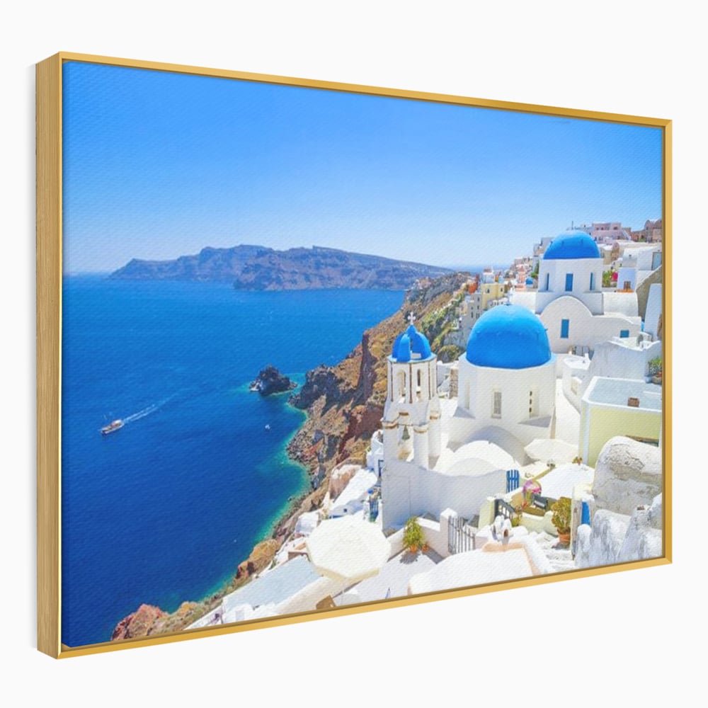Tablou canvas cu tablou canvas cu peisaj din santorini, in rama de aluminiu auriu